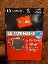 Hanes - Pack of 10 Face Masks 100 Cotton Reusable Washable - in Black NIB