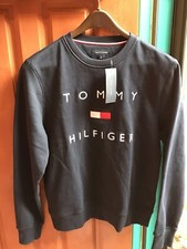Tommy Hilfiger Spell Out Navy Fleece Lined Crewneck Pullover Sweatshirt Sz M New