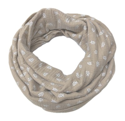 Landhuis handmade: Musselin Loop Schal beige mit Blätter Print reine Baumwolle