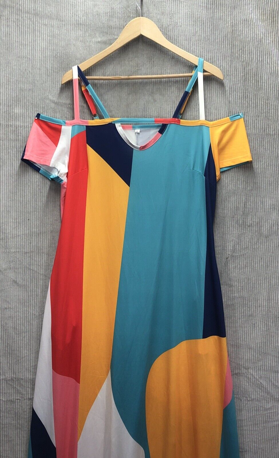 Unbranded Maxi Dress Large Spaghetti Strap Cold Shoulder Pockets Colorblock-image