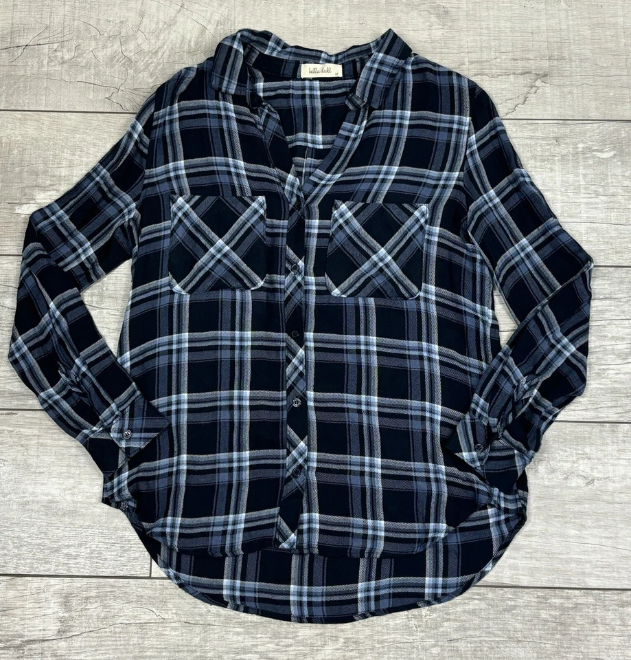 Camisa para mujer Bella Dahl azul/negro a cuadros abotonada talla M rayón suave informal vaquera Foto 4 de 4