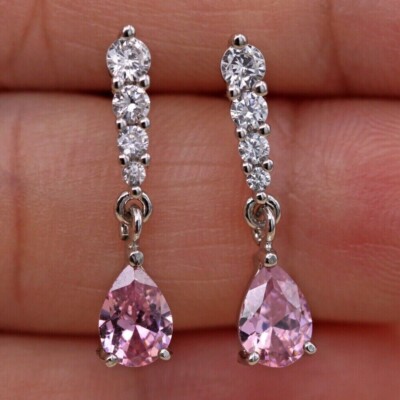 4.30Ct Pear Lab-Created Pink Sapphire Drop Dangle Earrings 14K White Gold Plated