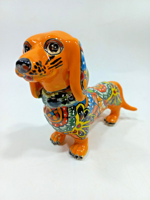 6'' TALAVERA DOG Dachshund puppy statue, handmade hand painted Mexican pottery