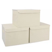 Large 42 Quarts Collapsible Stackable Storage Bins with Lids [3-Pack] Foldabl...
