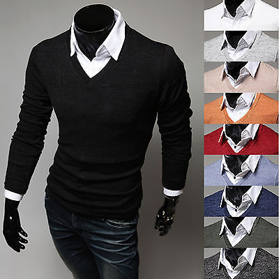 Bravepe Mens Knitting Long Sleeve V-Neck Contrast Slim Pullover Sweaters 