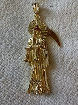 Yellow Gold Pendant Amulet, Santa Muerte Grim Reaper Design, Religious Theme