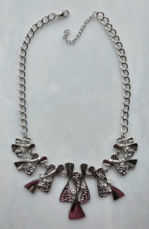 Modernist Style Statement Necklace Silver Tone Chain & Rhinestone Adjustable 