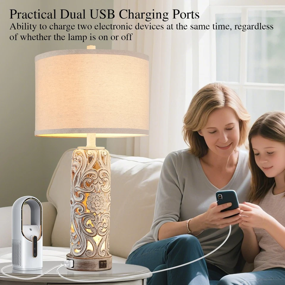 Rustic Farmhouse 客厅卧室台灯 复古床边灯 wit... — 第 3/4 张图片