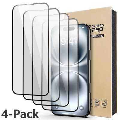(4 Pack) Full Cover Tempered Glass Screen Protector For iPhone 16, 16 Series
