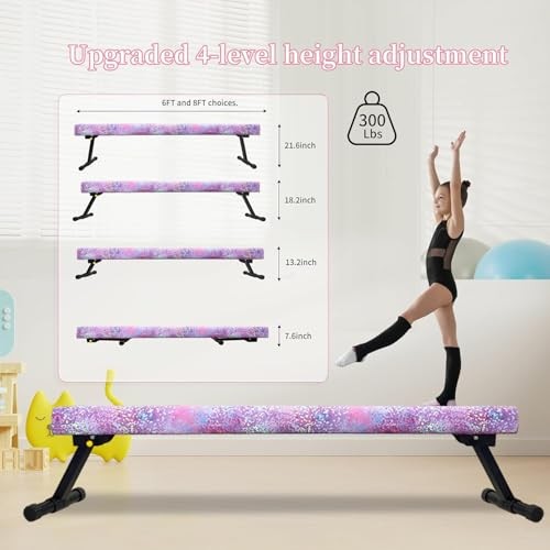 Adjustable&Foldable Gymnastics Balance Beam,Home Gym 8FT PINKGLITER