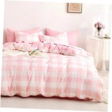  - Gingham Duvet Cover Set, Plaid Buffalo Checker Check Queen Light Pink White