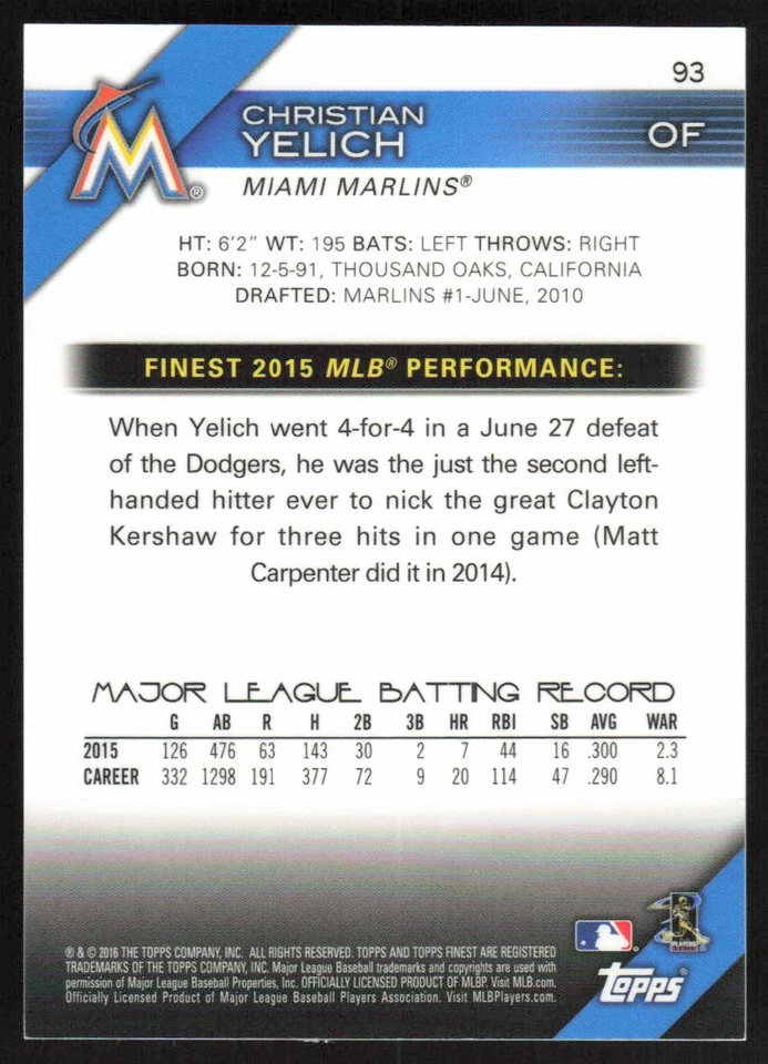 2016 Topps Finest Blue Refractor #93 Christian Yelich /150 Miami Marlins - Image 2 of 2