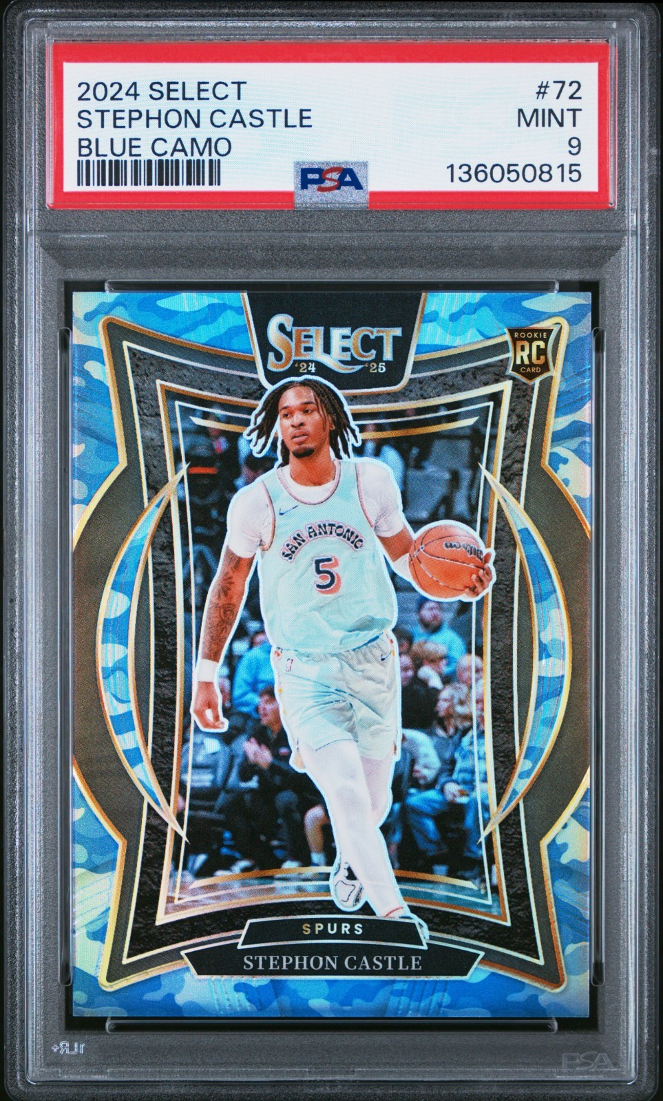 2024-25 Panini Select #72 Stephon Castle Concourse Blue Camo RC /99 Spurs PSA 9