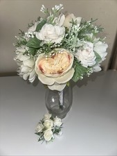 Bridal Bouquet White Roses Peonies Baby Breath  wrist Corsage Baby White Roses