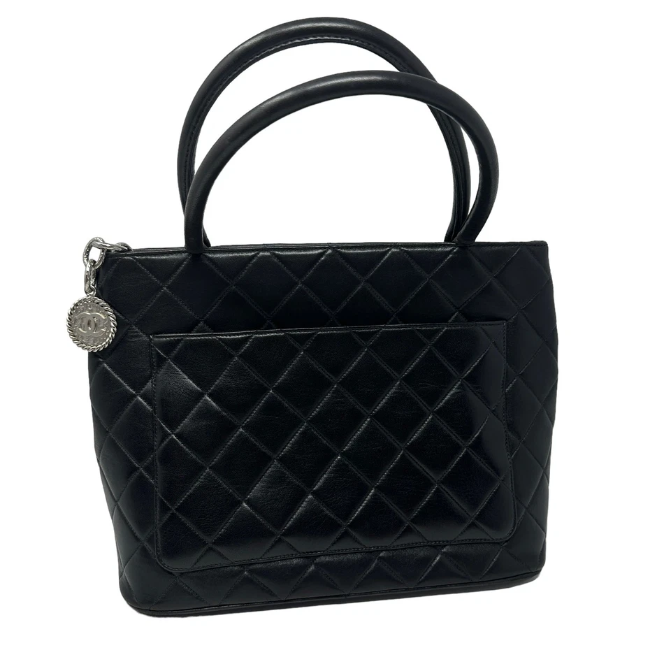 Vintage Chanel Medallion Tote Bag Lambskin Leather Silver Hardware Black Quilted - Image 2 of 4