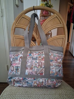 LeSportsac Travel Tote Taupe Tan Cartoon Characters Nylon Zip Top 13''H x 17''W