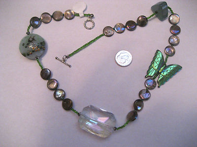 Green Butterfly, AB Crystal, Abalone Fish Bead Choker Necklace