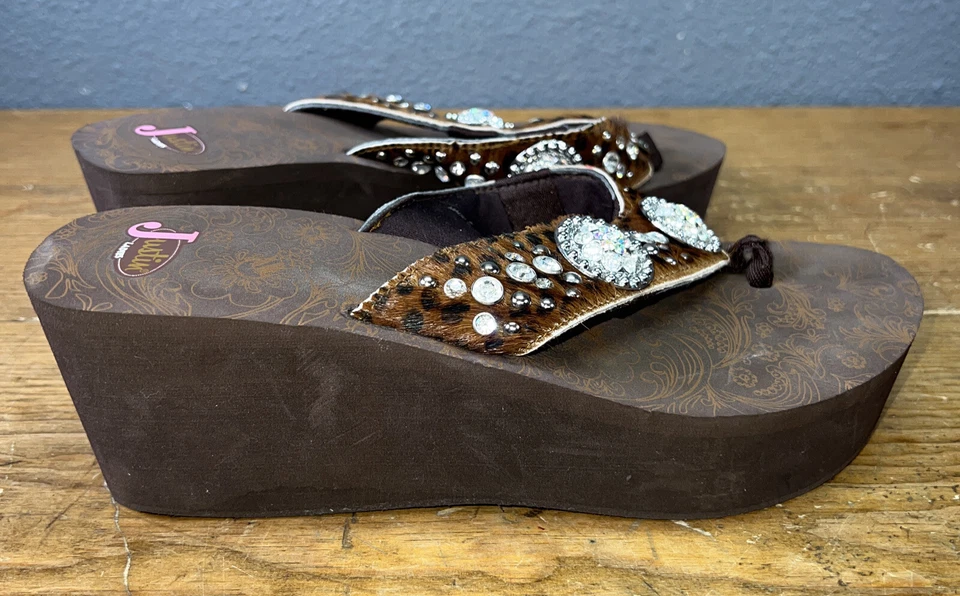 Justin Platform western Sandals CZ Conchos Calf hair wedge flipflop shoe Sz 11 - Image 4 of 4
