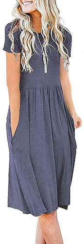 AUSELILY Women's Short Sleeve Pockets Empire Waist Pleated Loose Swing Casual Fl