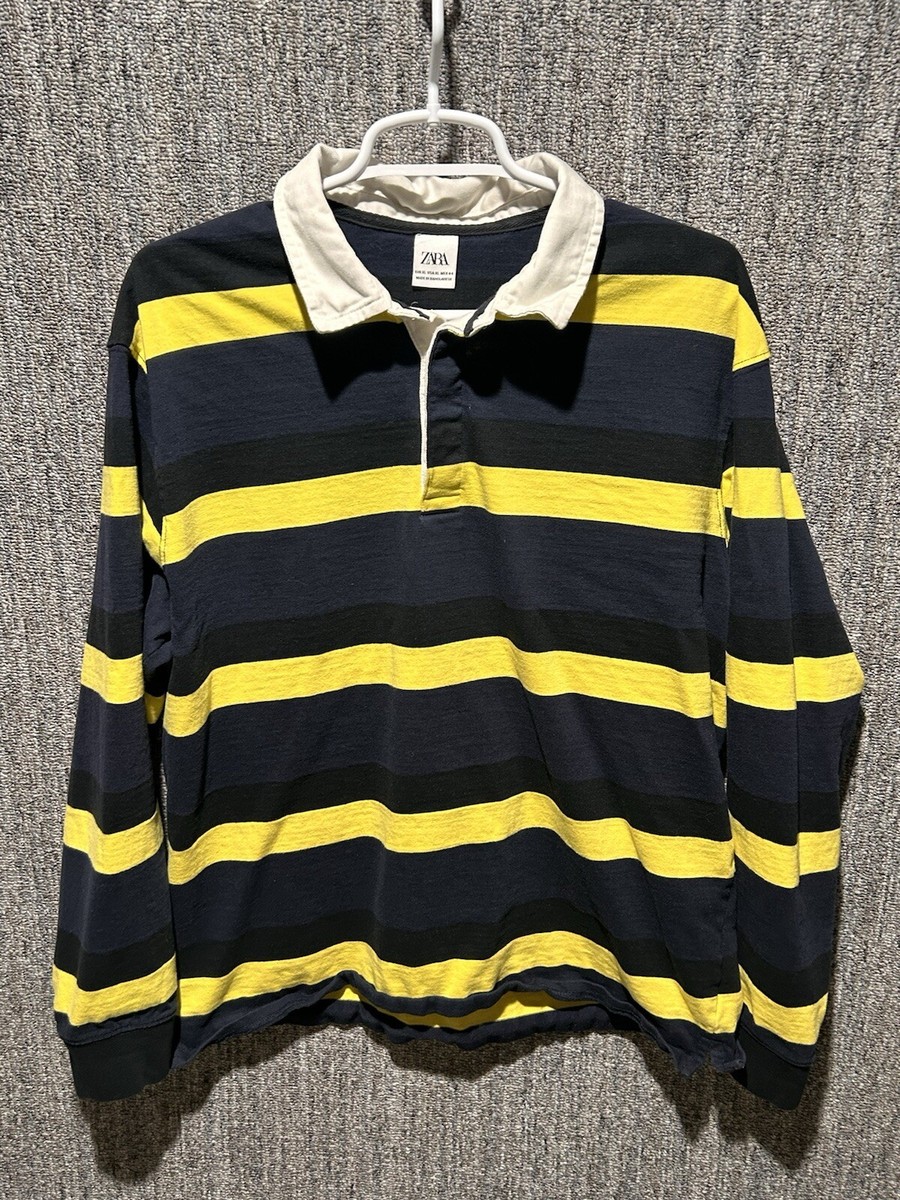 Zara Men's XL Rugby Polo Shirt Yellow & Blue striped Long Zara Men's XL Rugby Polo Shirt Yellow & Blue striped Long