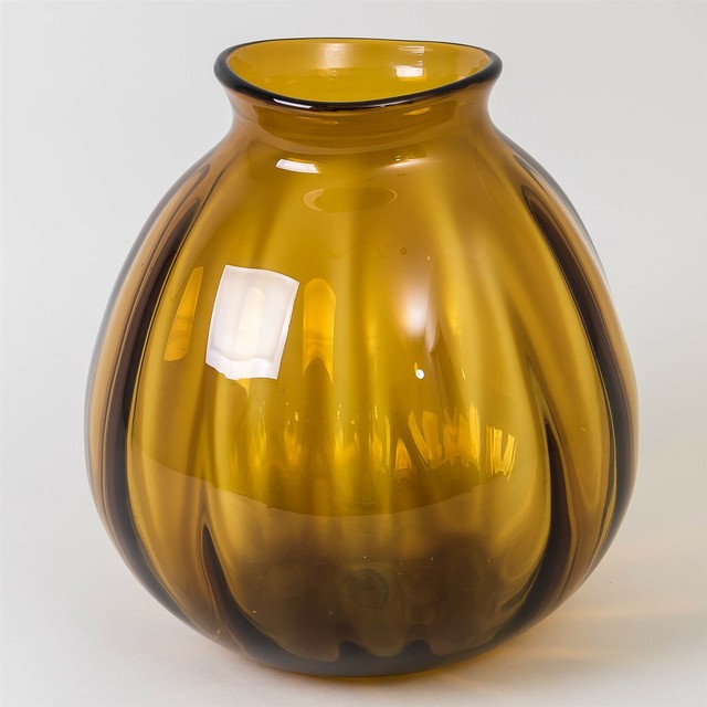 Vintage 1953 Blenko Glass Optic Vase 935 Hand Blown Amber Studio Art