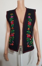 Vtg Hand Stitched In Hungary Matyo Embroidered Open Floral Vest Black Small Felt