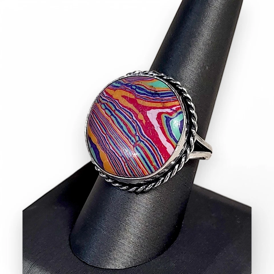 Женское кольцо из стерлингового серебра 925 пробы с радужной кальсиликой размер 10,5 ручная работа - Изображение 2 из 4