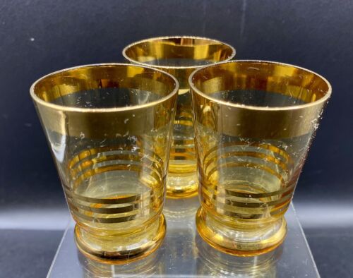Bohemian Czech Shot Glasses Deep Amber with Gold Stripes Set of 3 - Picture 2 of 5
