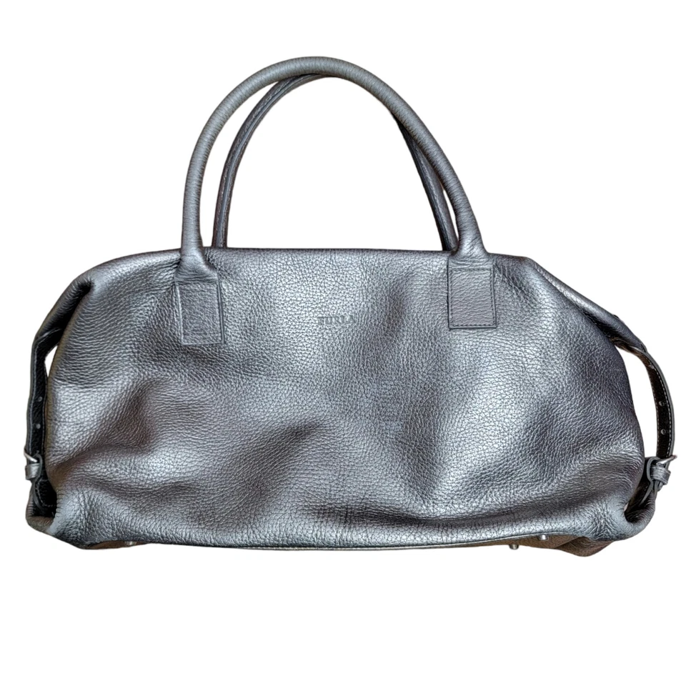 Furla Silver Metallic Leather Slouch Shoulder Bag Soft Tote Buckle Handbag