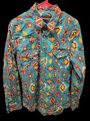 Rock & Roll Cowboy Shirt Mens M Dale Brisby Pearl Snap Aztec Print southwest