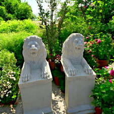 Elegance Marble Lion Pair Statue Handcrafted Sculptures Decorative Home & Garden