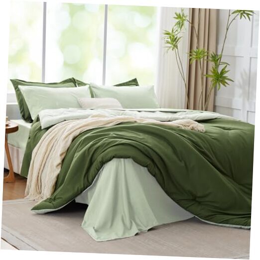 Comforter Set 7 Pieces, Dark Green, Reversible Queen 1 Dark Green-reversible-image