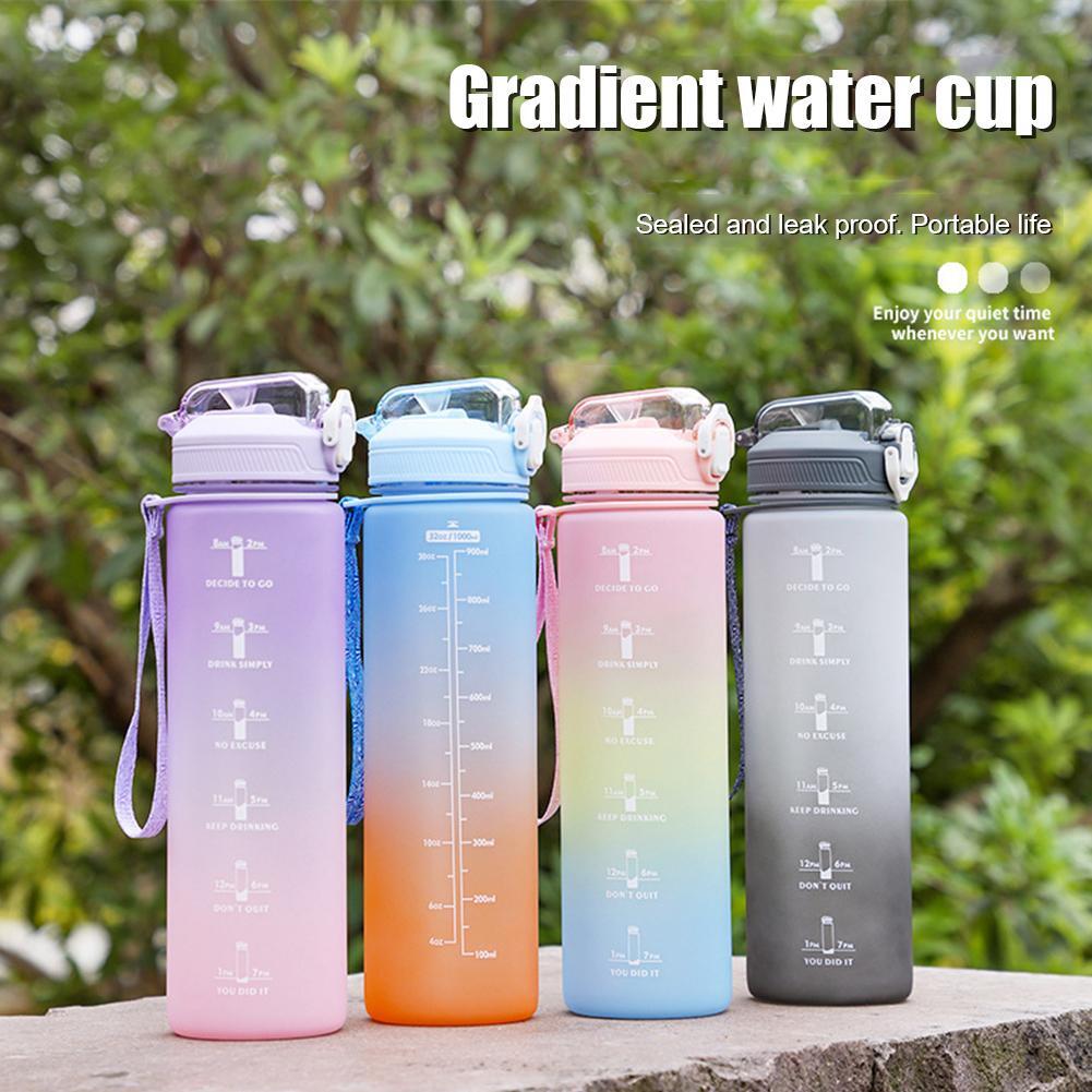 1 Liter Sport Water Bottle with Straw Cup Noozle with Time Marker Leakproof  Spor | eBay