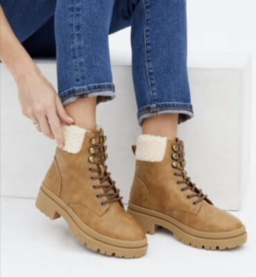 New Look Ladies Tan Faux Shearling Chunky Leather Boots Brown Fur