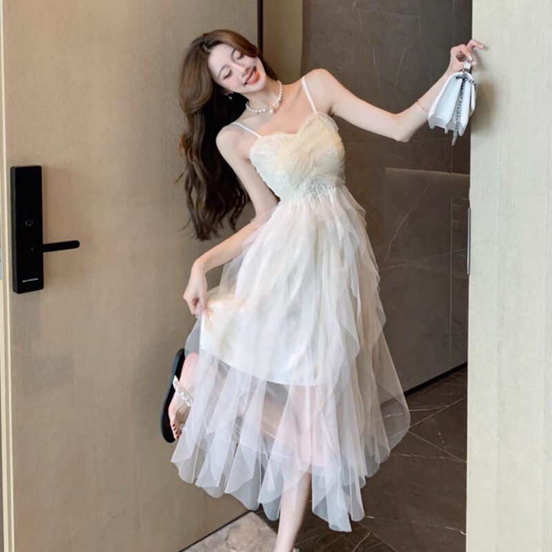 Women Tiered Mesh Slip Dress Layered Tulle Pleated Fairy Prom Cocktail  Summer