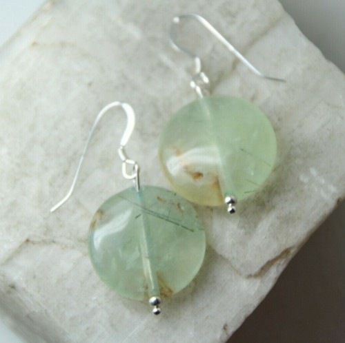 Prehnite Earrings Natural Green Gemstone Coin Shape .925 Sterling Silver 1.50" - Picture 6 of 6