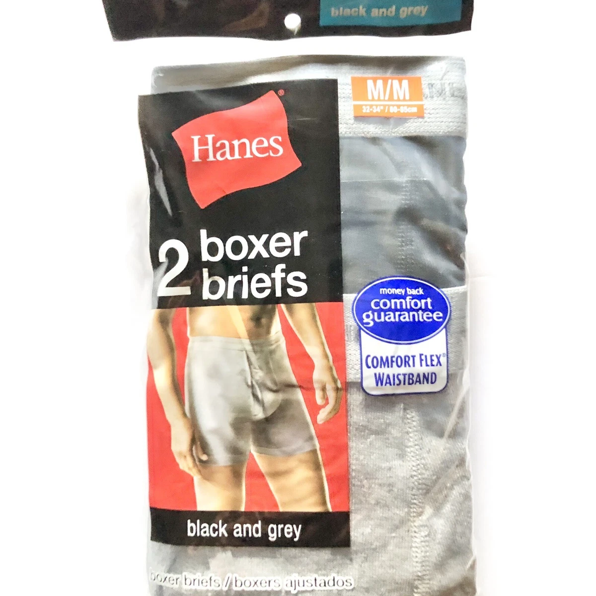 Hanes Men's Black Grey Boxer Briefs 2-Pk Size Medium M (32-34