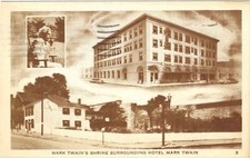 Vintage Missouri Chrome Postcard Hannibal Mark Twain's Shrine Surrounding Hotel