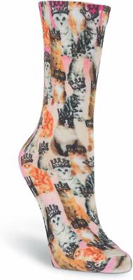34050) K. Bell Cats & Tiaras Crew Pink Womens Sock 9-11/Shoe 4-10