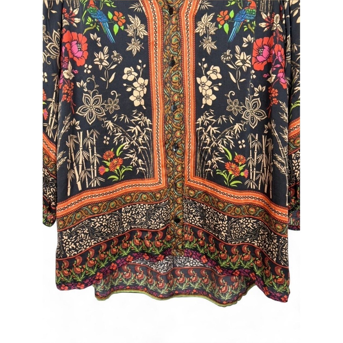 Ruby Yaya Boho Bird Floral Tunic Button Down Blouse Medium Tropical Resort Beach View 3
