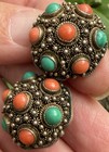 Chinese Antique Sterling Silver old filigree turquoise coral clip Earrings — photo 3