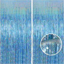 Light Blue Foil Curtain Backdrop for Birthday Decorations, 2 Pack