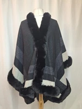Patrizia Luca Women Stripe Faux Fur Poncho Cape One Size Black Wool Blend E4621