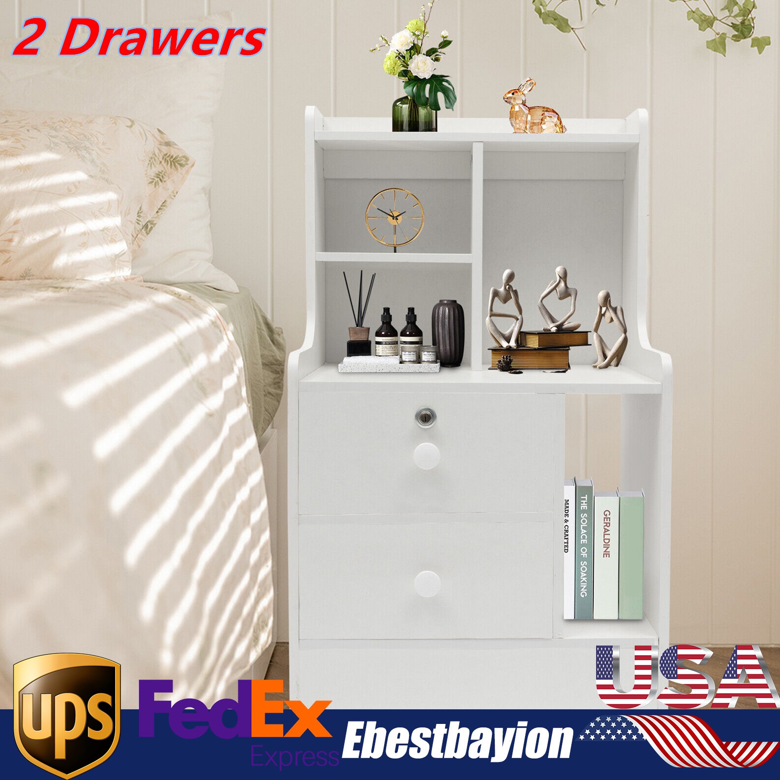 Modern 2-Drawer Nightstand with Lock - Sleek Bedside Cabinet Storage