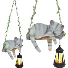Solar Lighted Garden Outdoor Statue, 22.6" H Hanging Swing Lying Sleeping Cat
