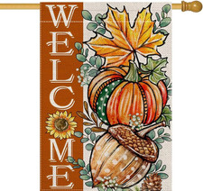 Welcome Fall Pumpkin House Flag 28 X 40 Inch Maple Leaf Pine Cone Decorative Hou
