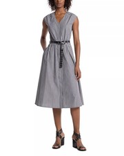 248$ Michael Kors Graphic Stripe Fit Flare Midi Dress Cap Sleeves Size XS Black