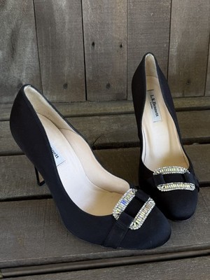 L.K. Bennett Black Satin Crystal Brooch Pumps Heels *EU 38* New Without Box/Tags