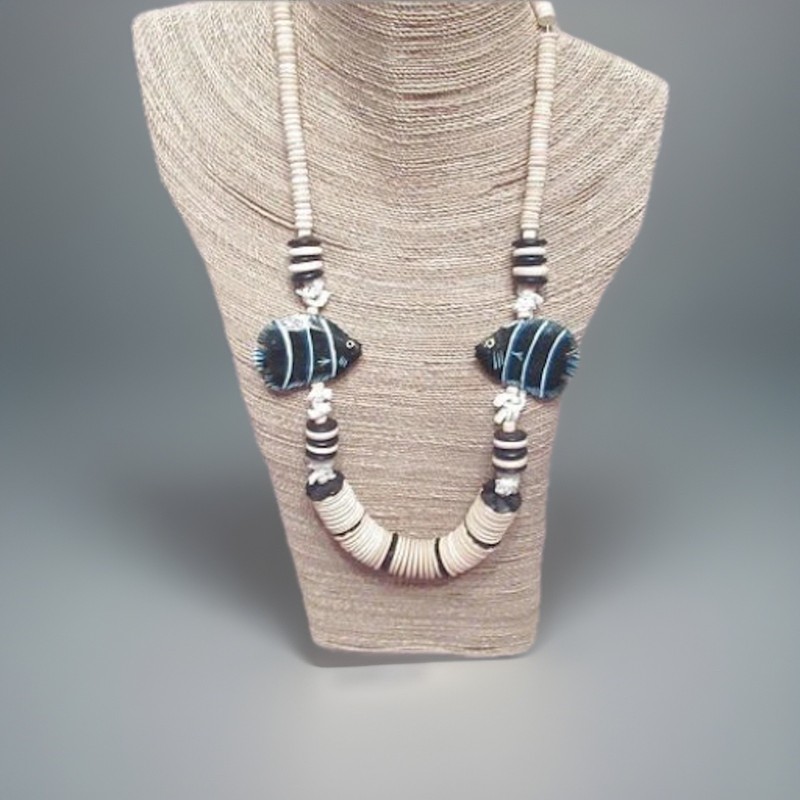 Hawaiian Puka Shell Necklace 25” Natural Wood Carved Angel Fish 70's Vtg Boho