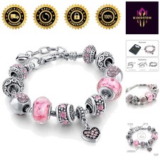 Adjustable Pink Heart Charm Bracelet with Crystal Beads - Perfect Gift for Girls